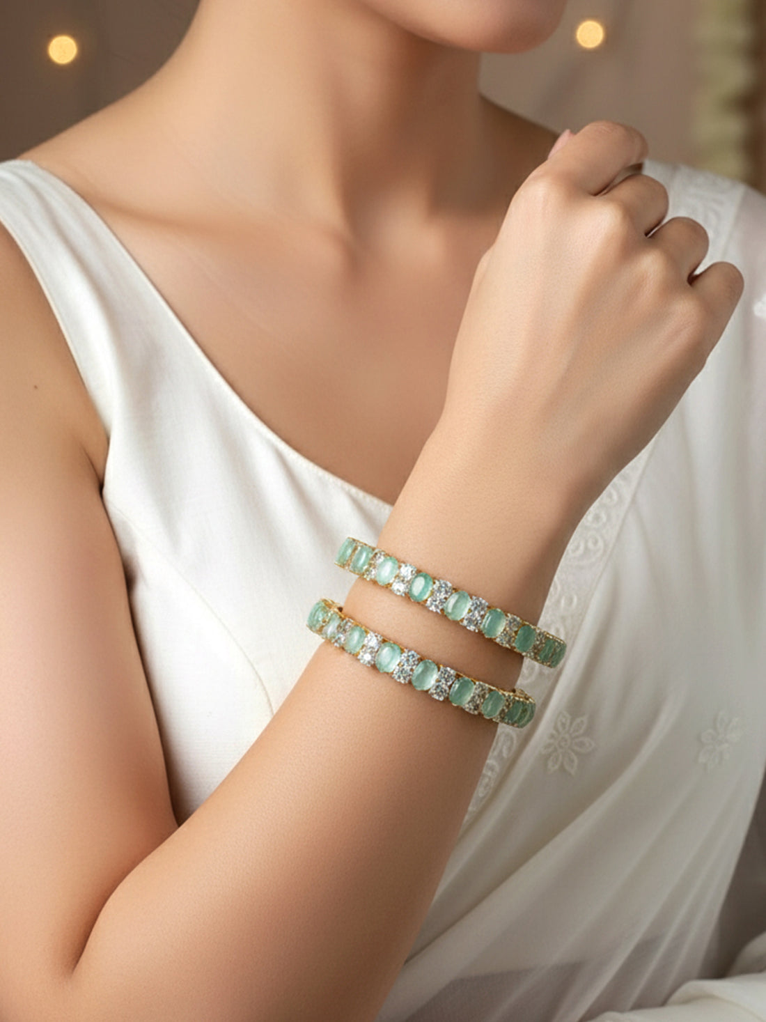 Karatcart Set of 2 Lime Green CZ Studded Gold Plated Bangles for Women