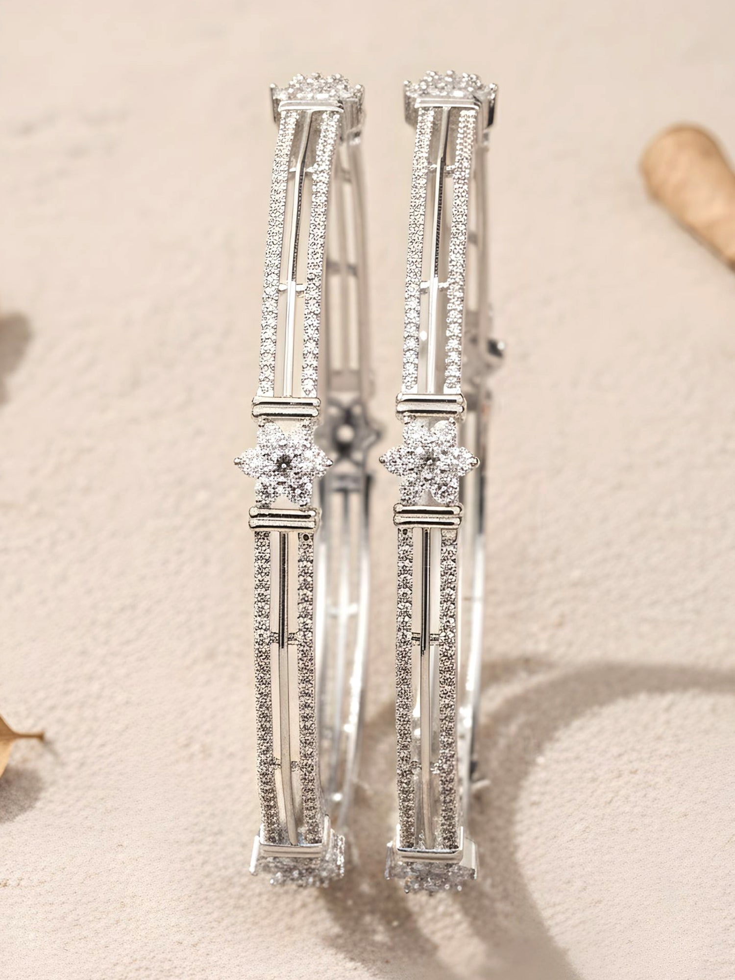 Karatcart Set of 2 Silver Plated Floral American Diamond Studded Bangles for Women