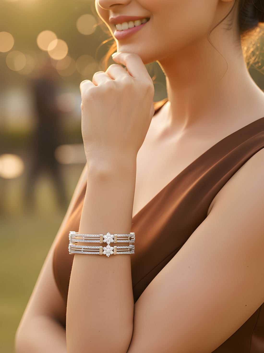 Karatcart Set of 2 Silver Plated Floral American Diamond Studded Bangles for Women