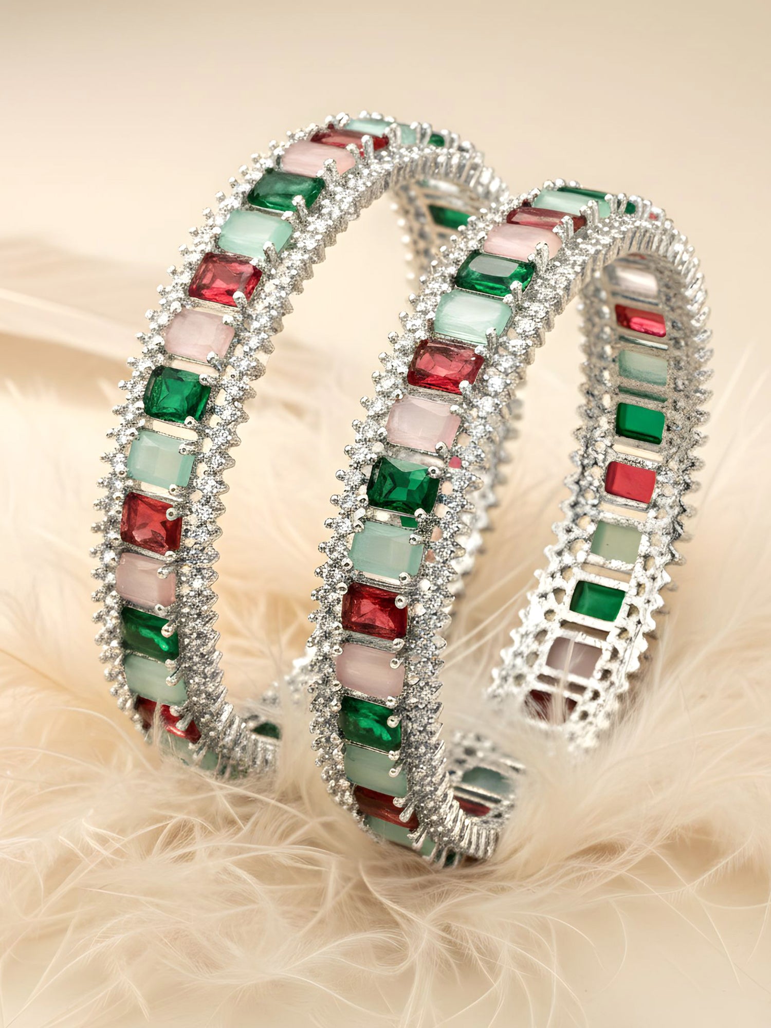 Karatcart Set of 2 Silver Plated Multicolor Stone American Diamond Bangles for Women