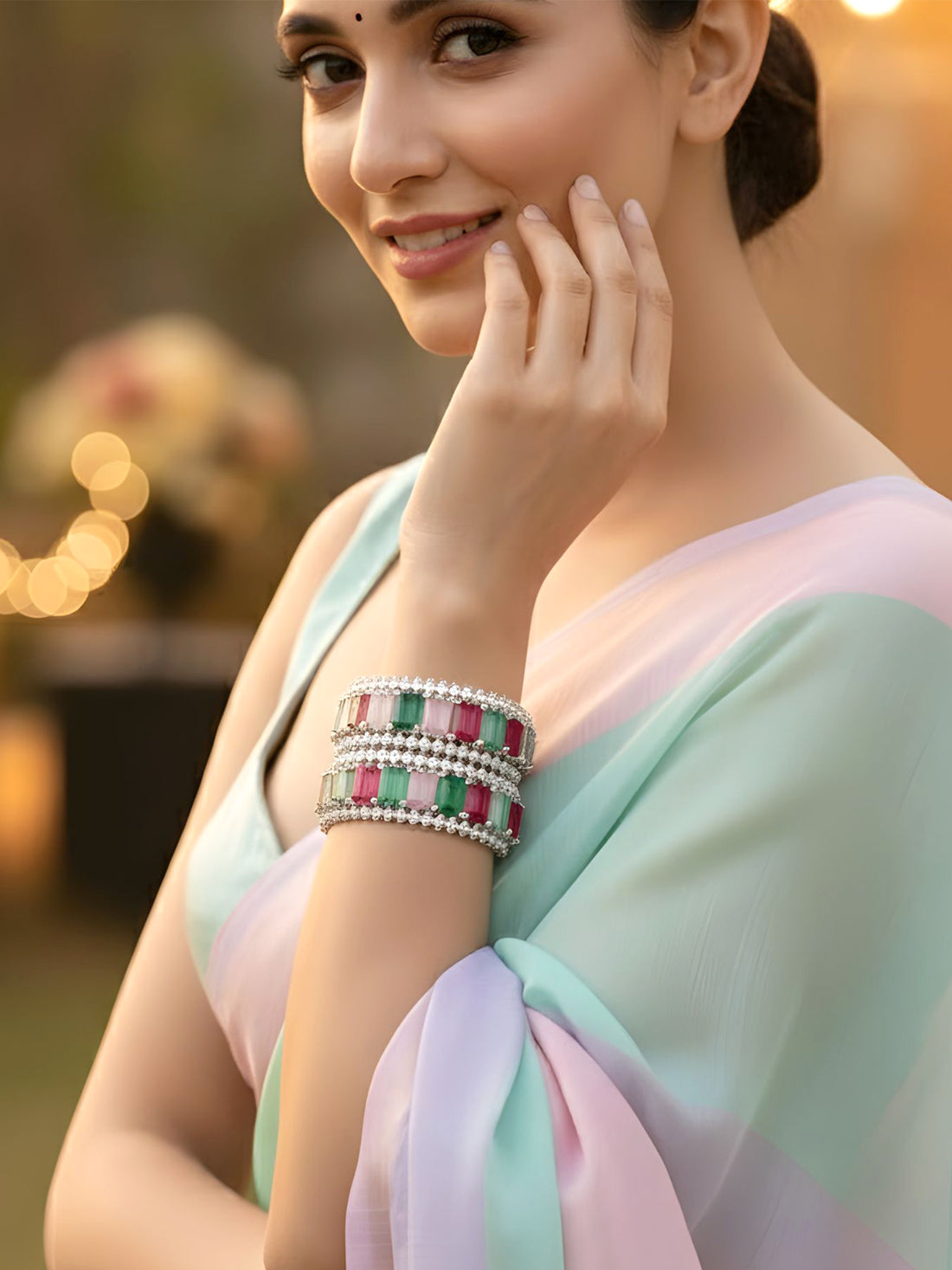 Karatcart Set of 2 Silver Plated Multicolor Stone American Diamond Bangles for Women