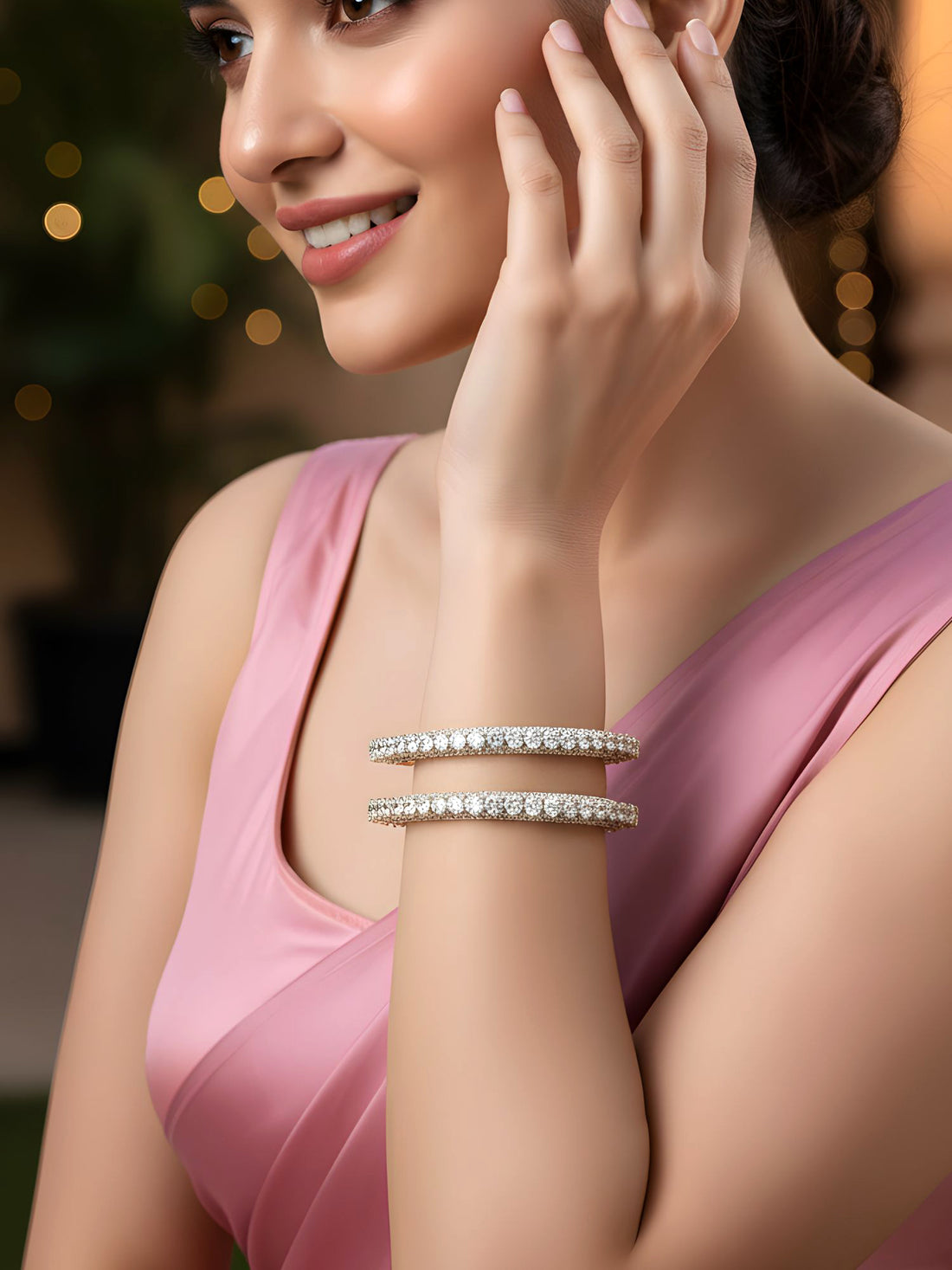 Karatcart Set of 2 Gold Plated Round American Diamond Studded Bangles for Women