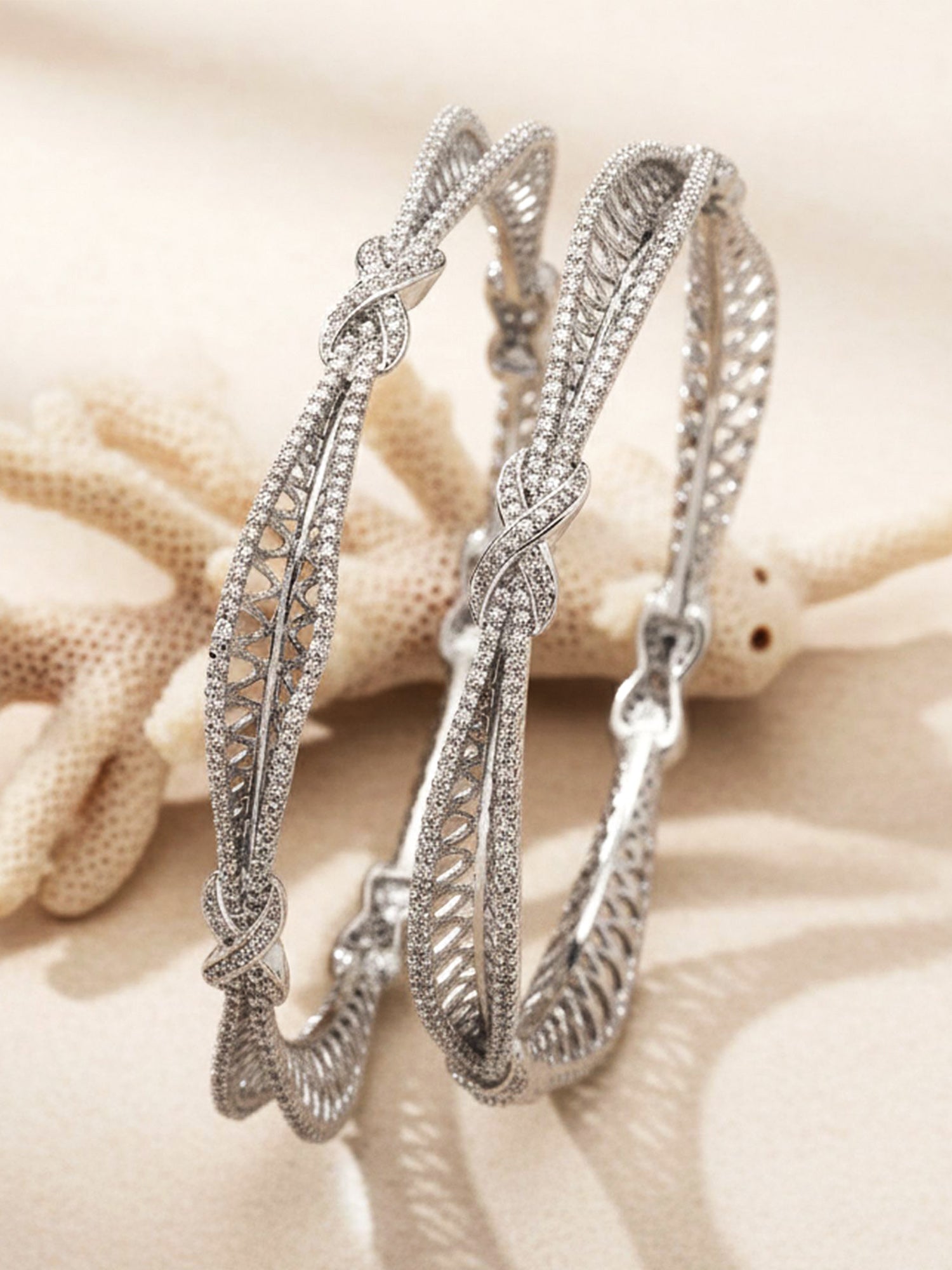 Karatcart Set of 2 Silver Plated American Diamond Studded Bangles for Women