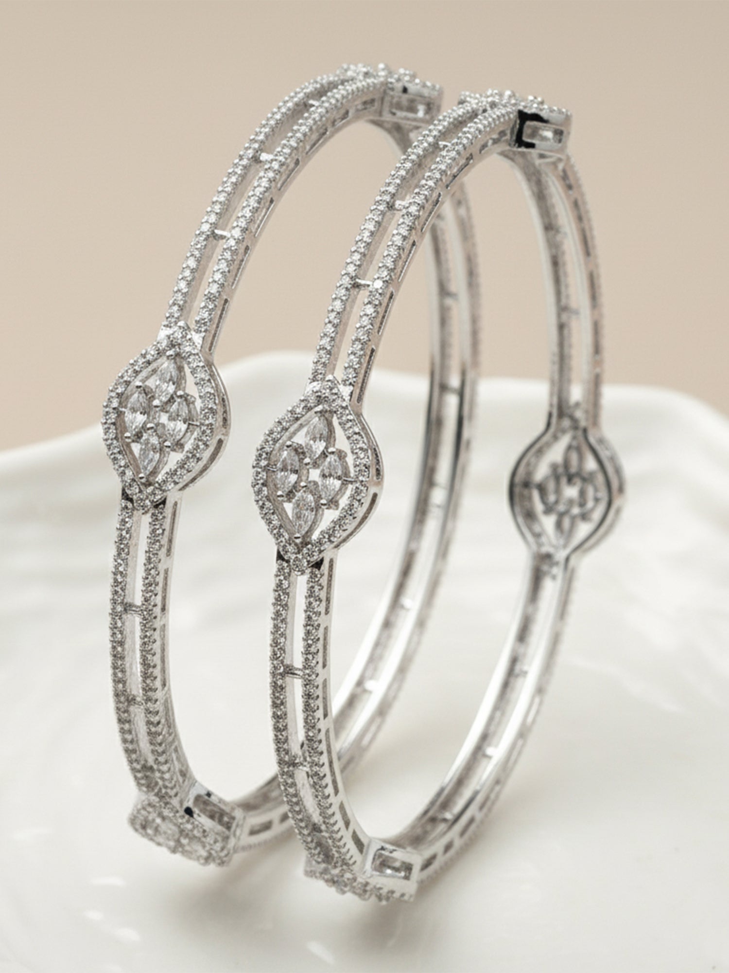 Karatcart Set of 2 American Diamond Studded Silver Tone Bangles for Women