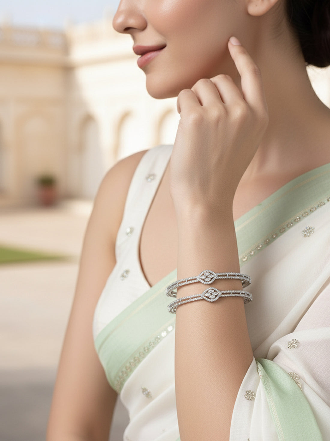 Karatcart Set of 2 American Diamond Studded Silver Tone Bangles for Women