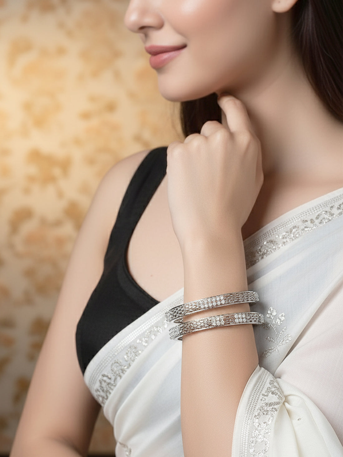 Karatcart Silver Plated Set of 2 American Diamond Studded Bangles for Women