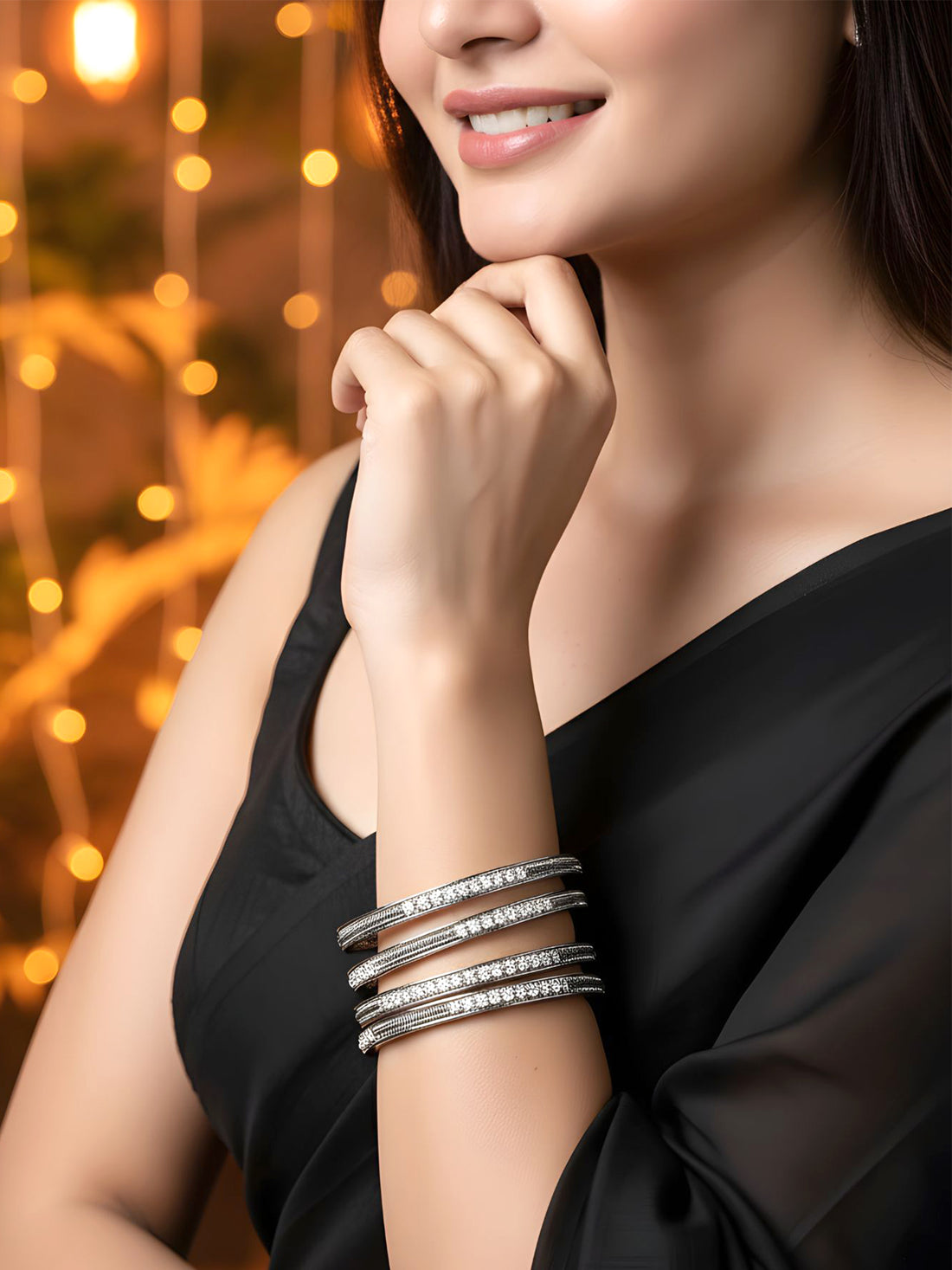 Karatcart Silver Plated Set of 4 American Diamond Studded Bangles for Women