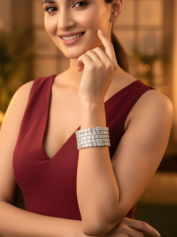 Karatcart Silver Plated Set of 4 Round American Diamond Studded Bangles for Women
