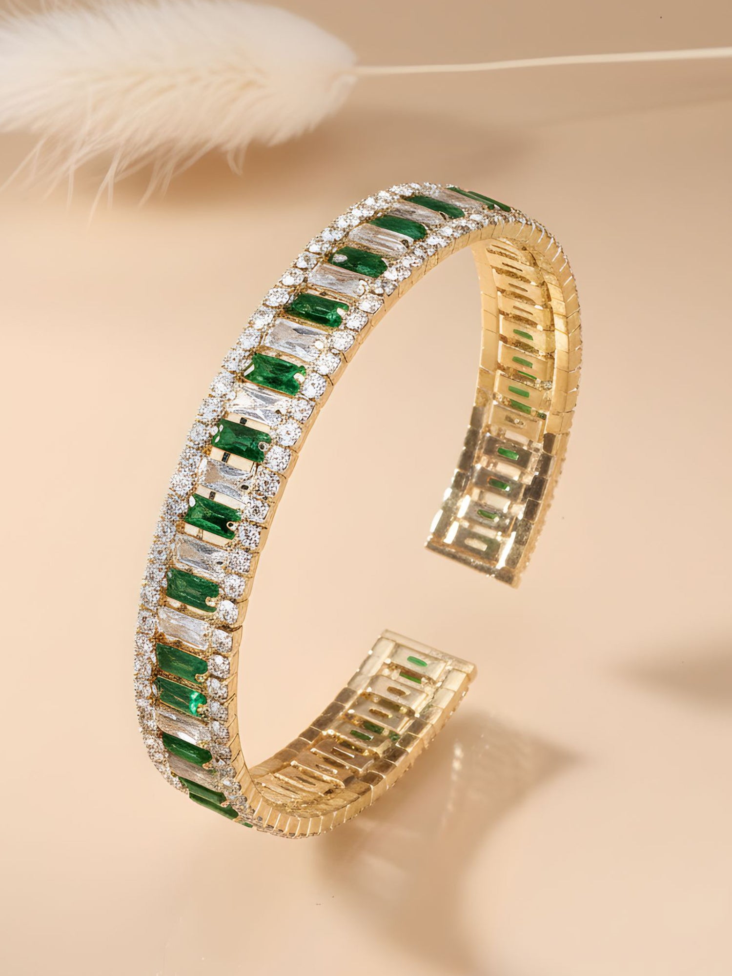 Bohey by KARATCART Gold-Plated Green and White Cubic Zirconia Studded Cuff Bracelet for Women