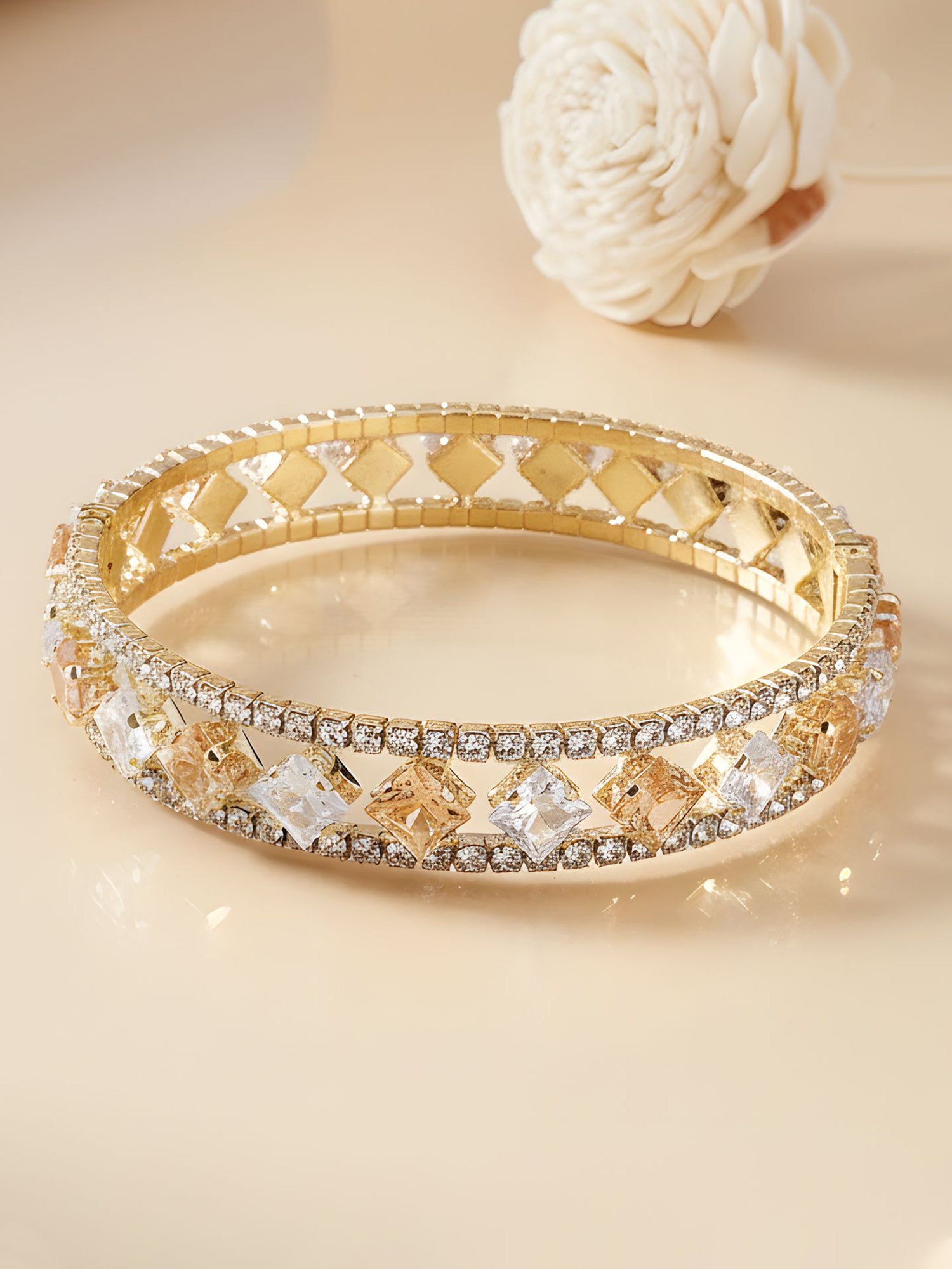 Bohey by KARATCART Gold-Plated White Cubic Zirconia Studded Cuff Bracelet for Women