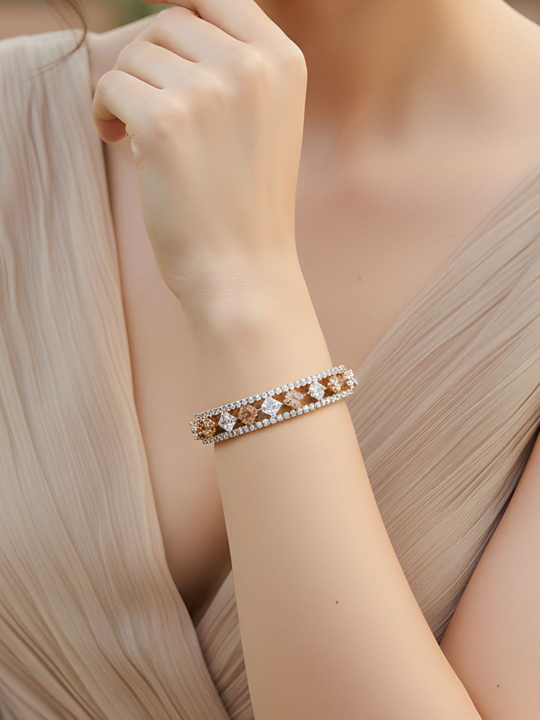 Bohey by KARATCART Gold-Plated White Cubic Zirconia Studded Cuff Bracelet for Women