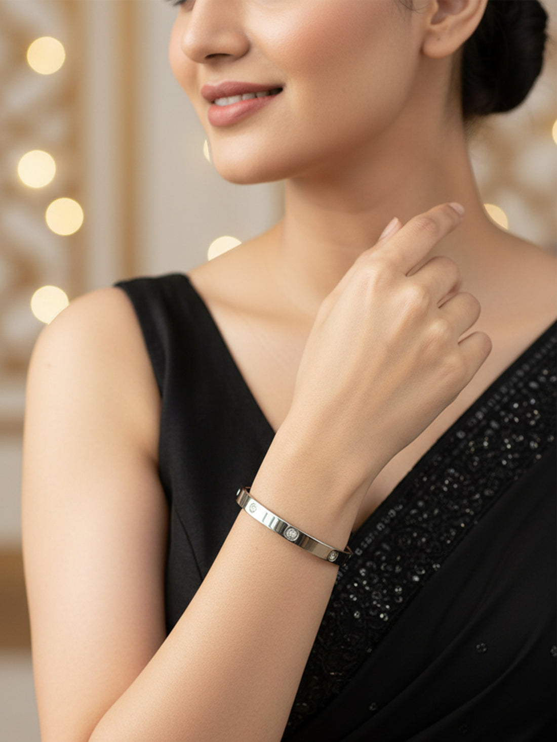 Bohey by KARATCART Silver Plated CZ Stainless Steel Kada Bracelet for Women