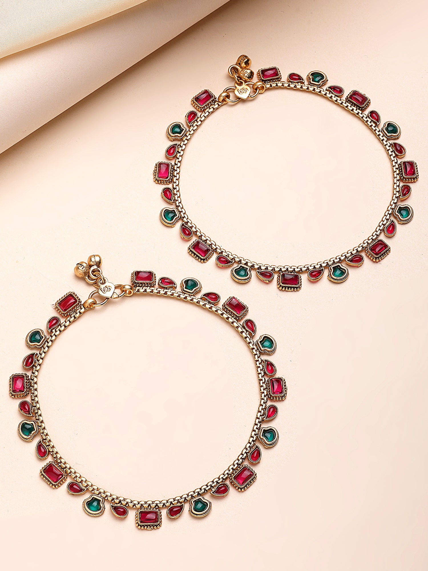 KARATCART Gold-Plated Traditional Red and Green Stone Anklet for Women