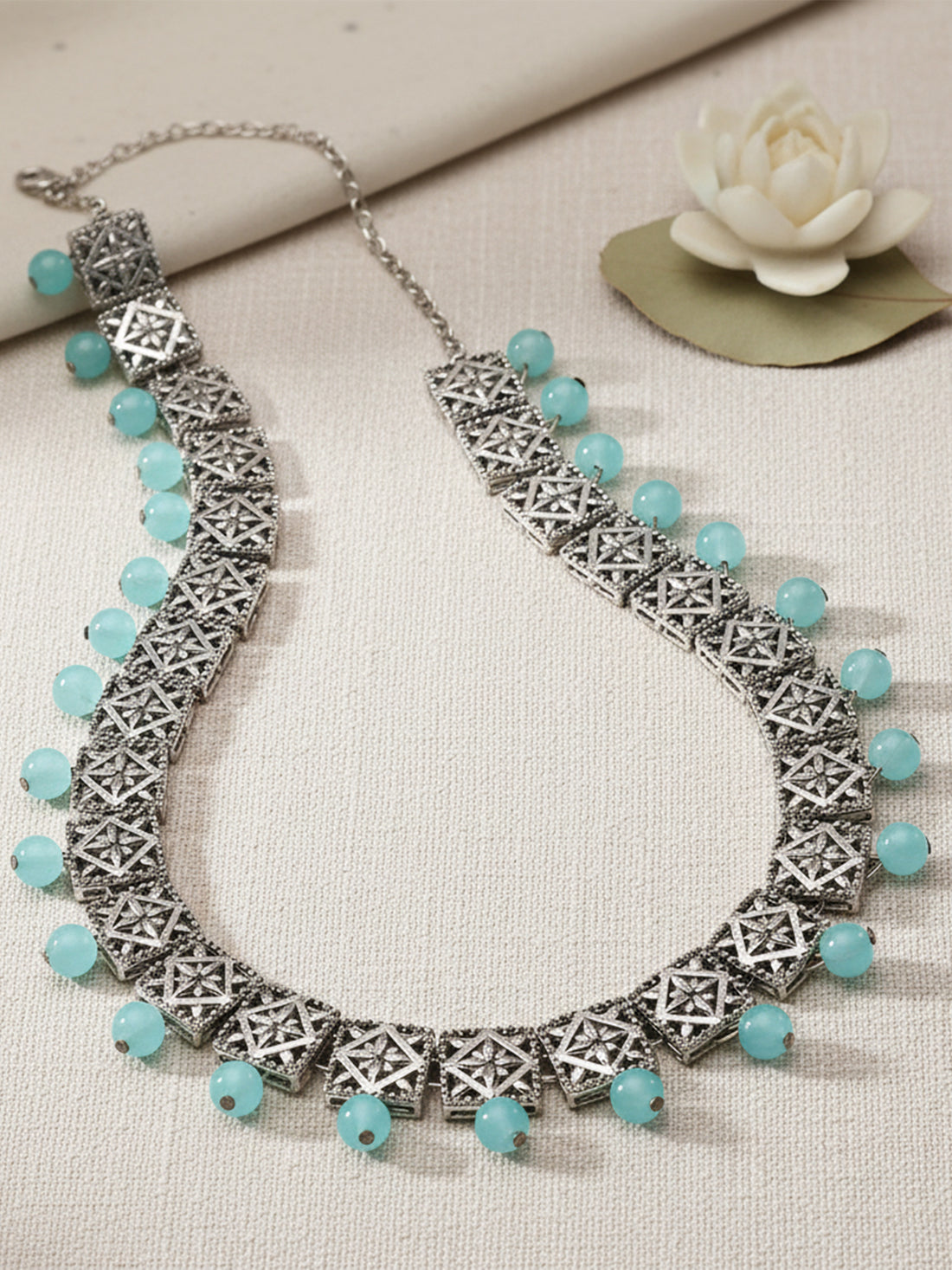 Karatcart Oxidised Silver Light Blue Beads Kundan Kamarbandh for Women