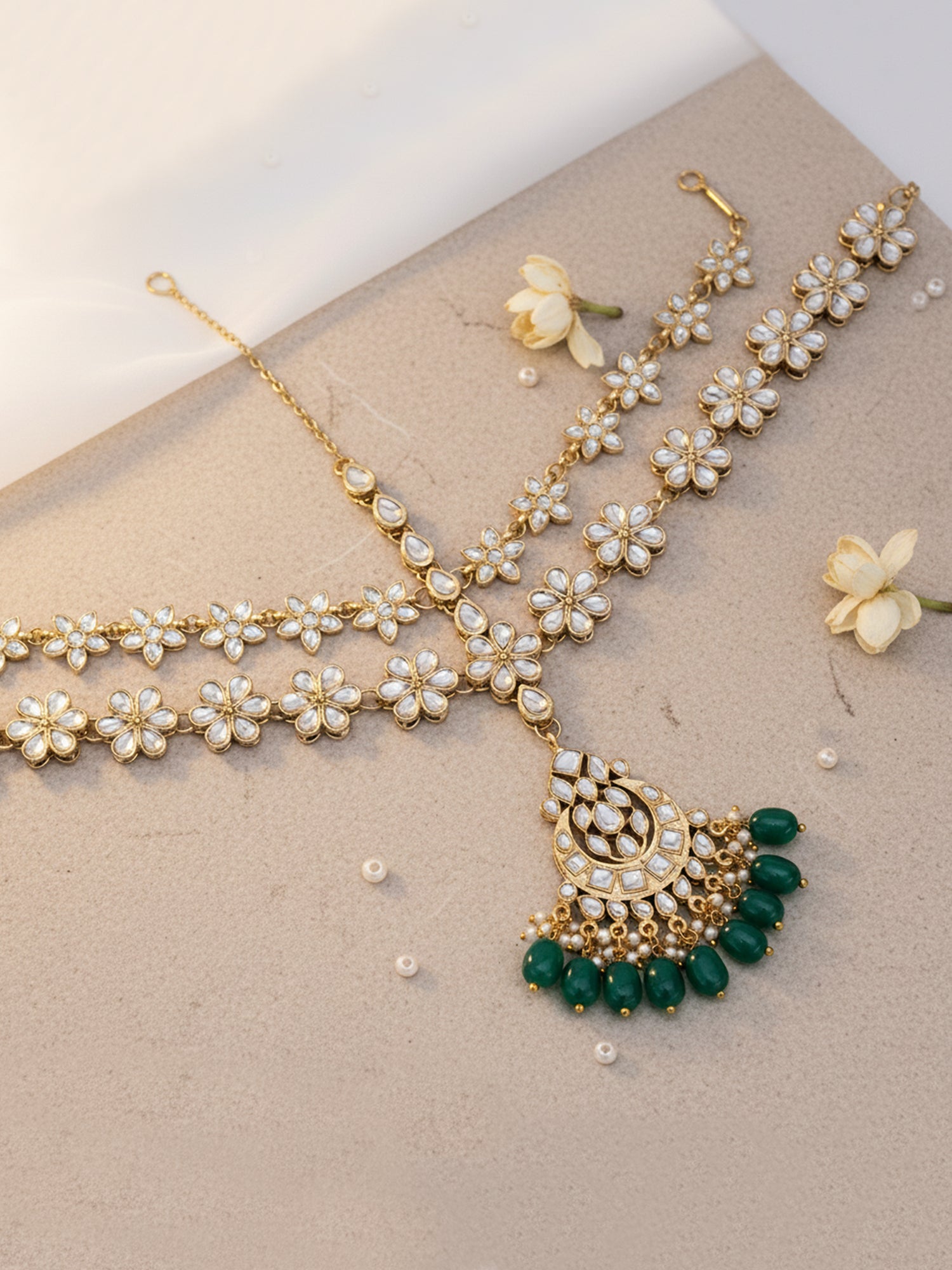 Gold Plated Green Tumble Stone Studded Handcrafted Kundan Sheeshphool