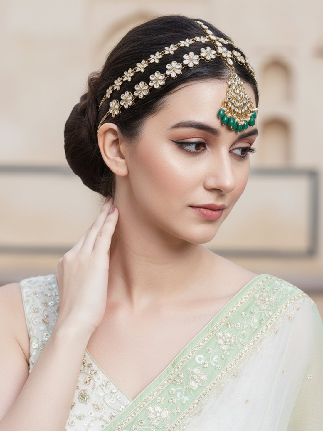 Gold Plated Green Tumble Stone Studded Handcrafted Kundan Sheeshphool