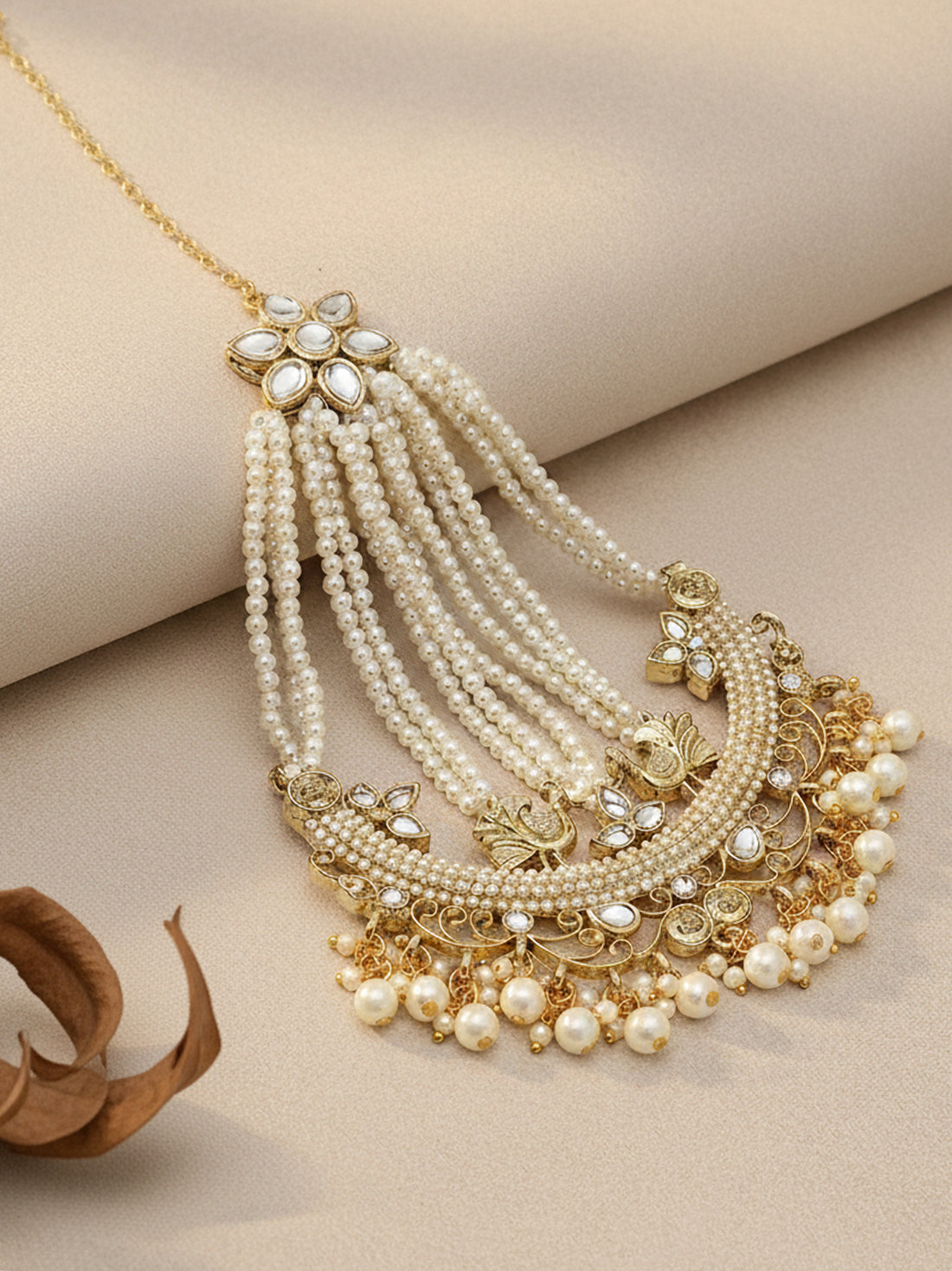 Karatcart Gold Plated Pearl Beads Studded Peacock Design Kundan Passa for Women