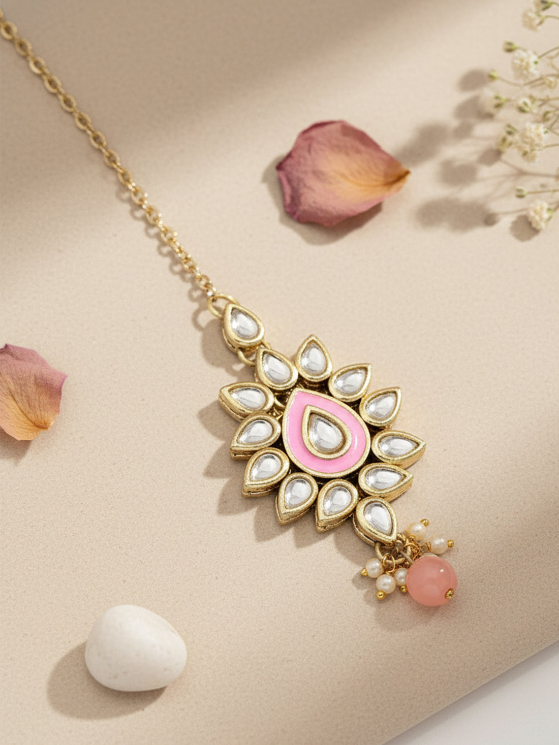 Karatcart Gold Plated Baby Pink Meena Kundan Maangtikka for Women