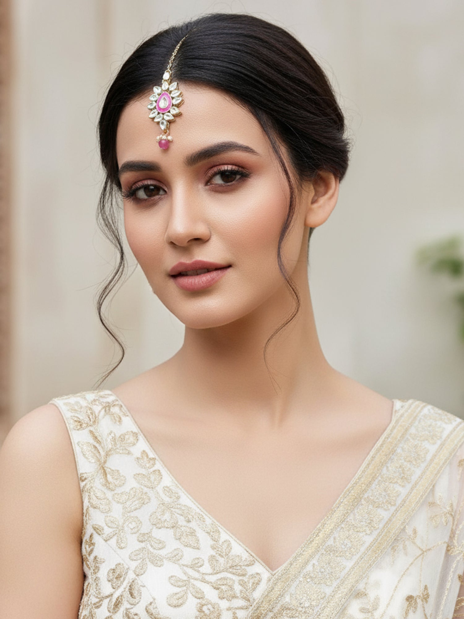 Karatcart Gold Plated Baby Pink Meena Kundan Maangtikka for Women