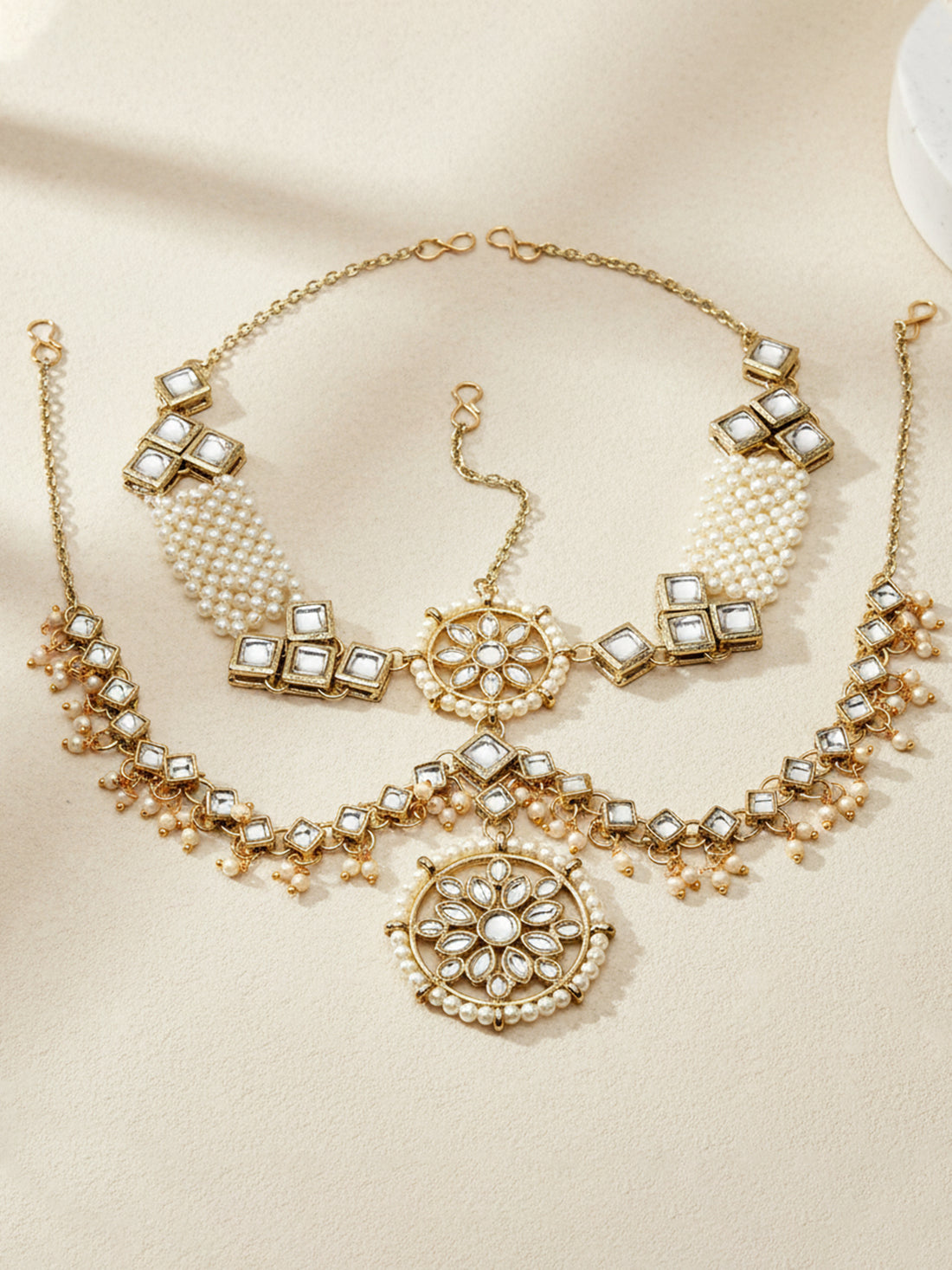 Karatcart Gold Plated Pearl and Kundan Double Line Mathapattti for Women