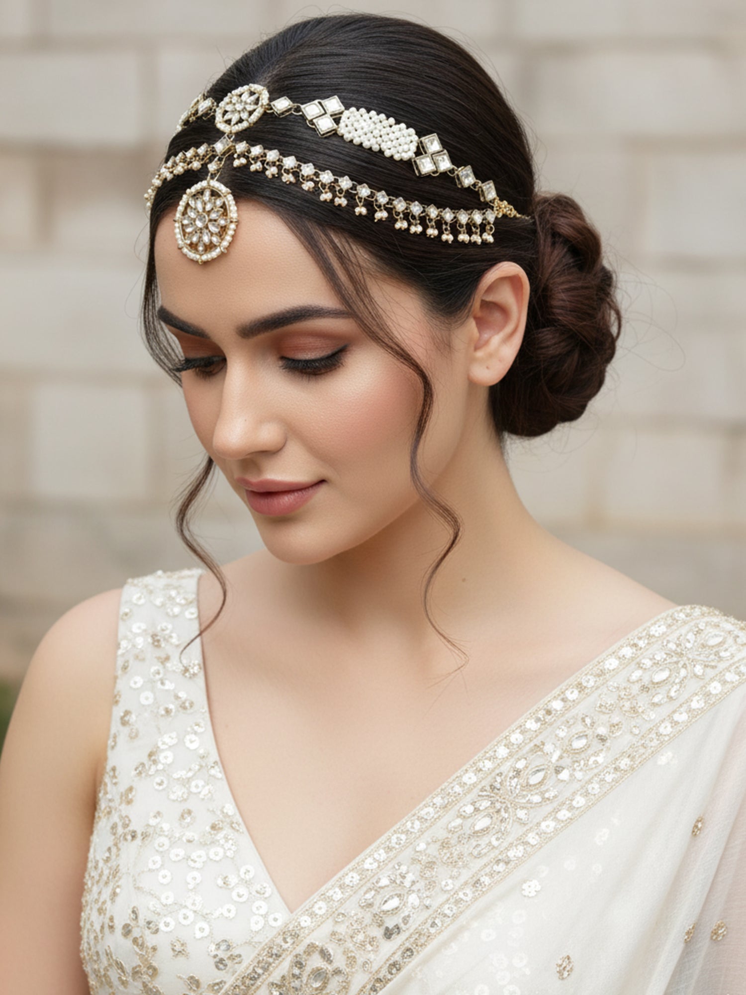 Karatcart Gold Plated Pearl and Kundan Double Line Mathapattti for Women