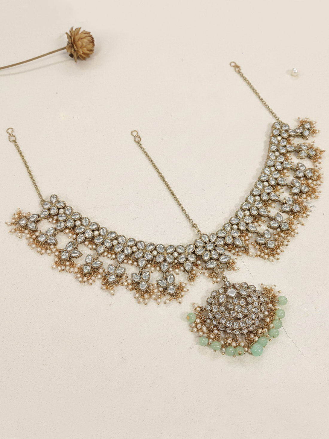 Karatcart Gold Plated Light Green Beads Kundan Mathapatti for Women