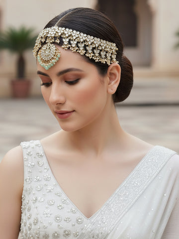 Karatcart Gold Plated Light Green Beads Kundan Mathapatti for Women