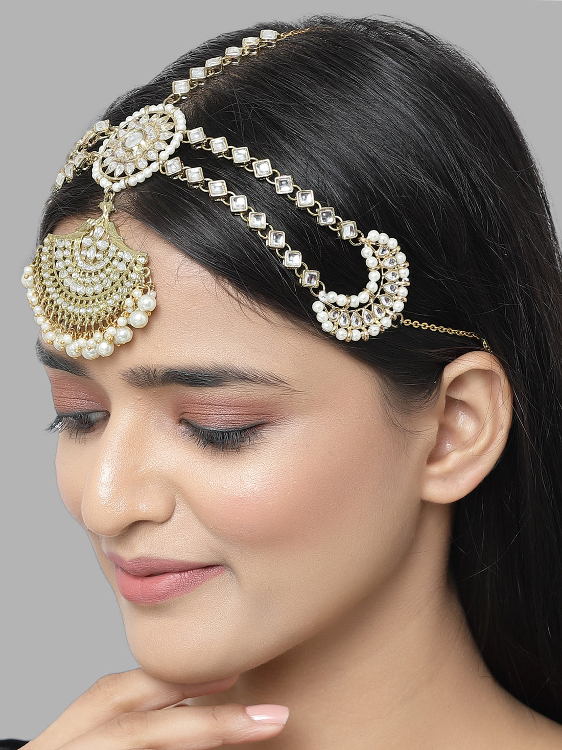 Karatcart Gold-Plated Moon Design Pearl and Kundan Mathapatti for Women