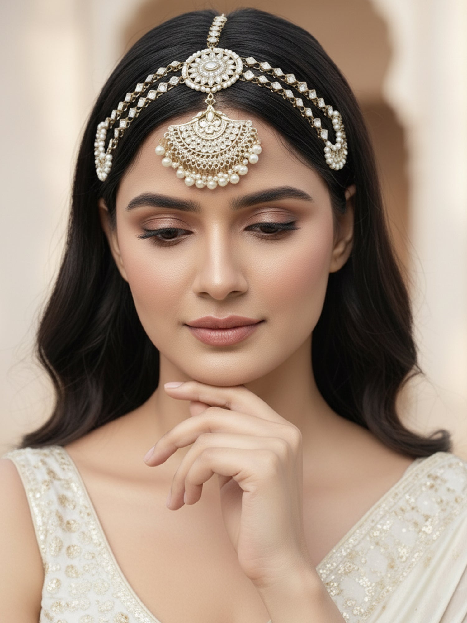 Karatcart Gold-Plated Moon Design Pearl and Kundan Mathapatti for Women