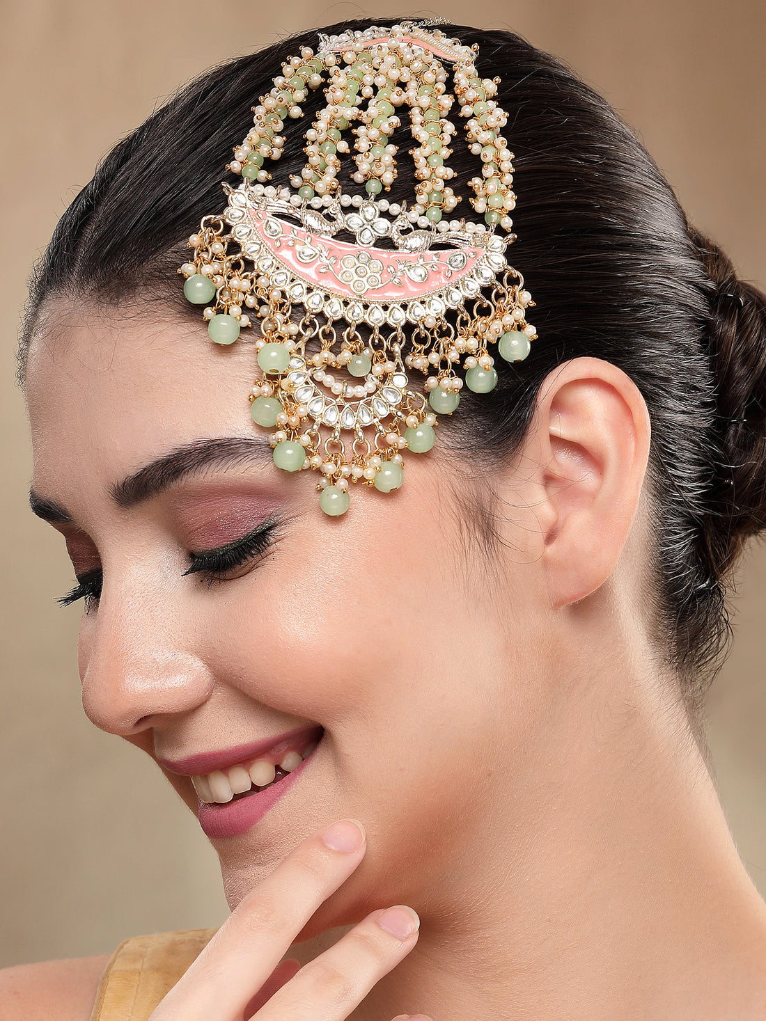 KARATCART Designer Gold-Plated Pink Meena and Light Green Beads Kundan Passa for Women