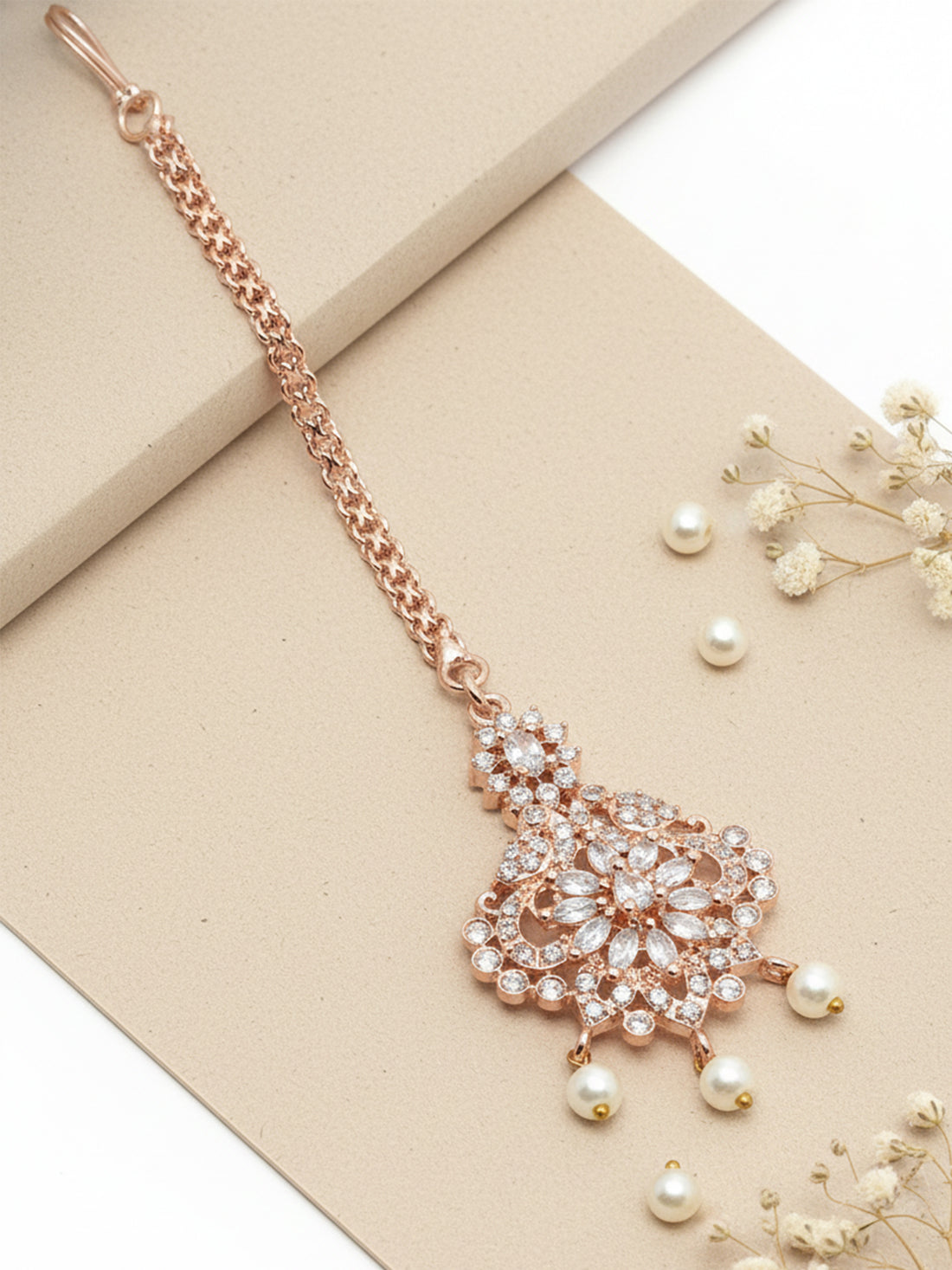 Karatcart Rose Gold-Plated Floral Cubic Zirconia Studded Maangtikka for Women