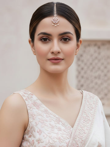 Karatcart Rose Gold-Plated Floral Cubic Zirconia Studded Maangtikka for Women