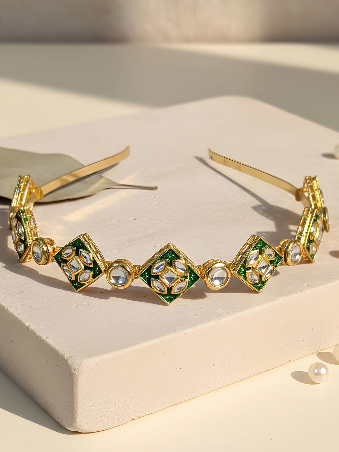 KARATCART Designer Gold-Plated Green Enamel Polki Kundan Studded Royal Hairband for Women