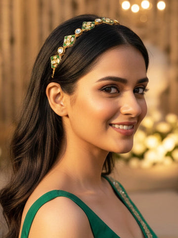 KARATCART Designer Gold-Plated Green Enamel Polki Kundan Studded Royal Hairband for Women