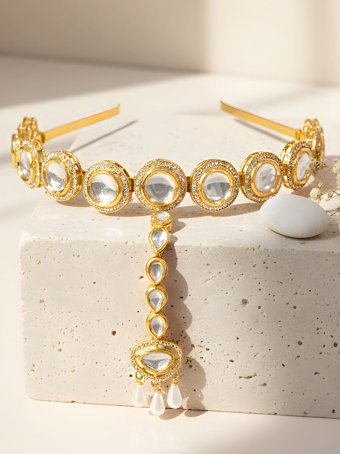 KARATCART Traditional Gold-Plated Polki Kundan and Pearl Drop Sheeshphool Hairband for Women
