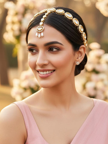 KARATCART Traditional Gold-Plated Polki Kundan and Pearl Drop Sheeshphool Hairband for Women
