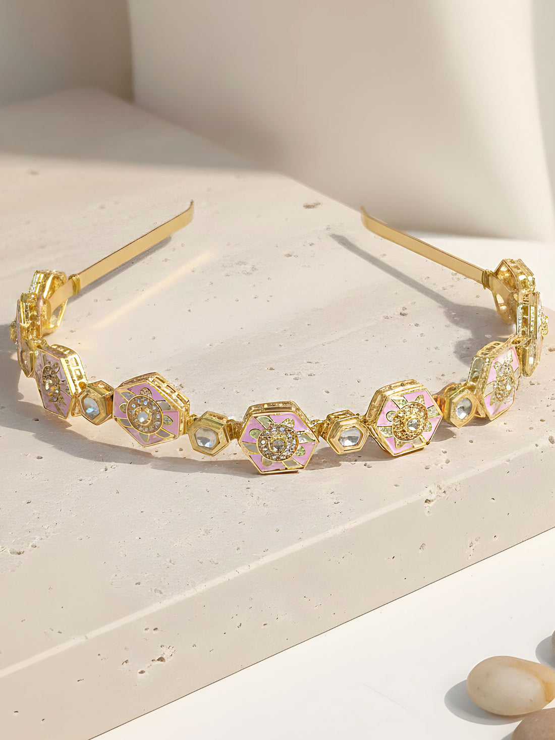 KARATCART Designer Gold-Plated Pastel Pink Meena Floral Polki Kundan Hairband for Women