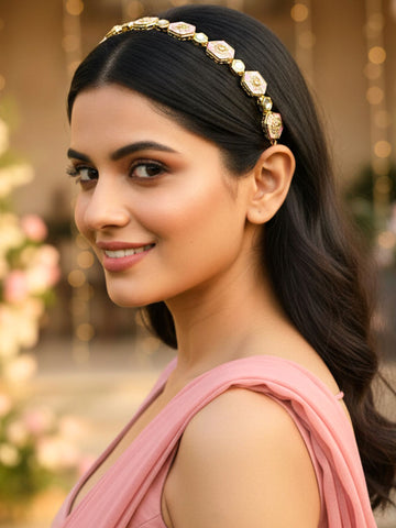 KARATCART Designer Gold-Plated Pastel Pink Meena Floral Polki Kundan Hairband for Women