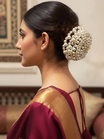 KARATCART Traditional Gold-Plated Pearl Beaded Bridal Juda Bun Hair Accessory for Women
