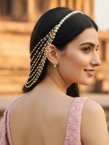KARATCART Traditional Gold Plated Pearl Hairband with Multi Layer Chain for Women