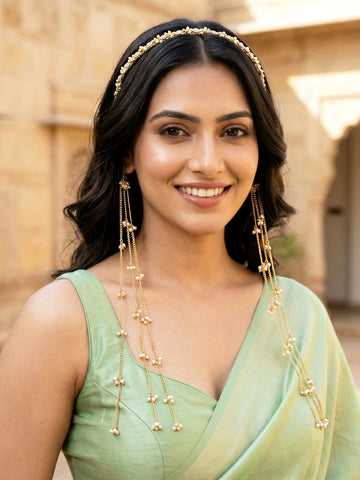 KARATCART Traditional Gold Plated Kundan Pearl Beaded Long Chain Bridal Hairband for Women
