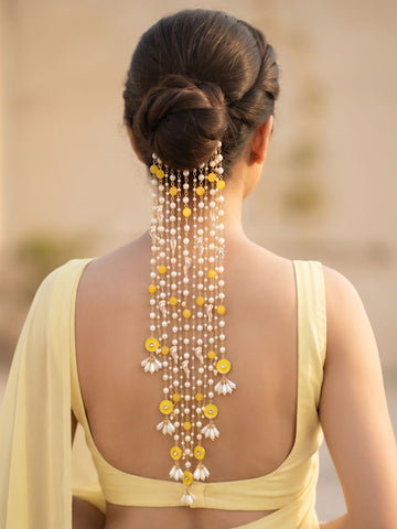 KARATCART Designer Gold-Plated Yellow Bead & White Pearl Multi-Layer Bridal Hair Juda for Women