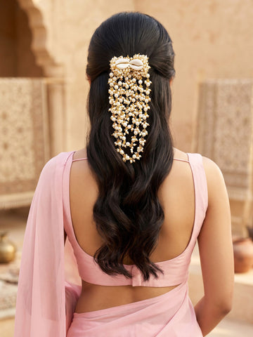 KARATCART Designer Gold-Plated White Pearl & Cowrie Shell Bridal Juda Head Jewellery for Women
