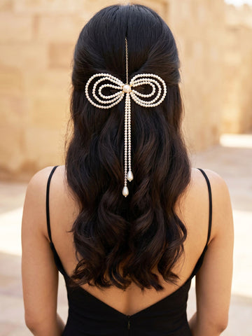 KARATCART Designer White Pearl Bow Bridal Juda Head Jewellery for Women