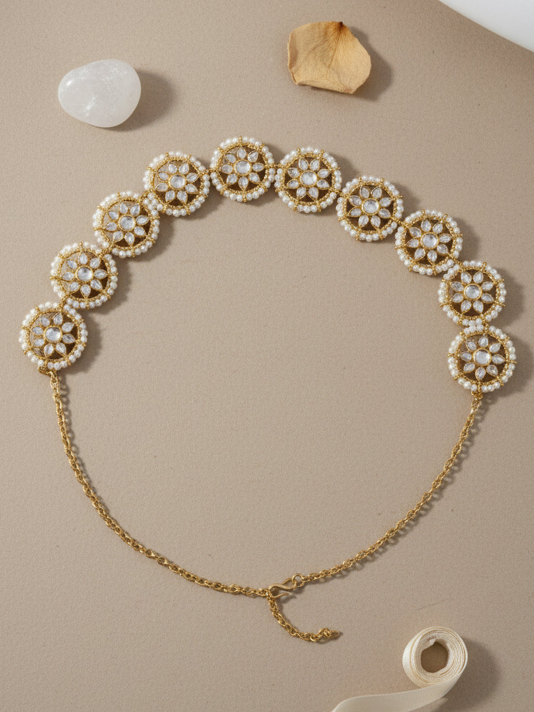 Gold-Plated White Kundan-Studded Handcrafted Hairband