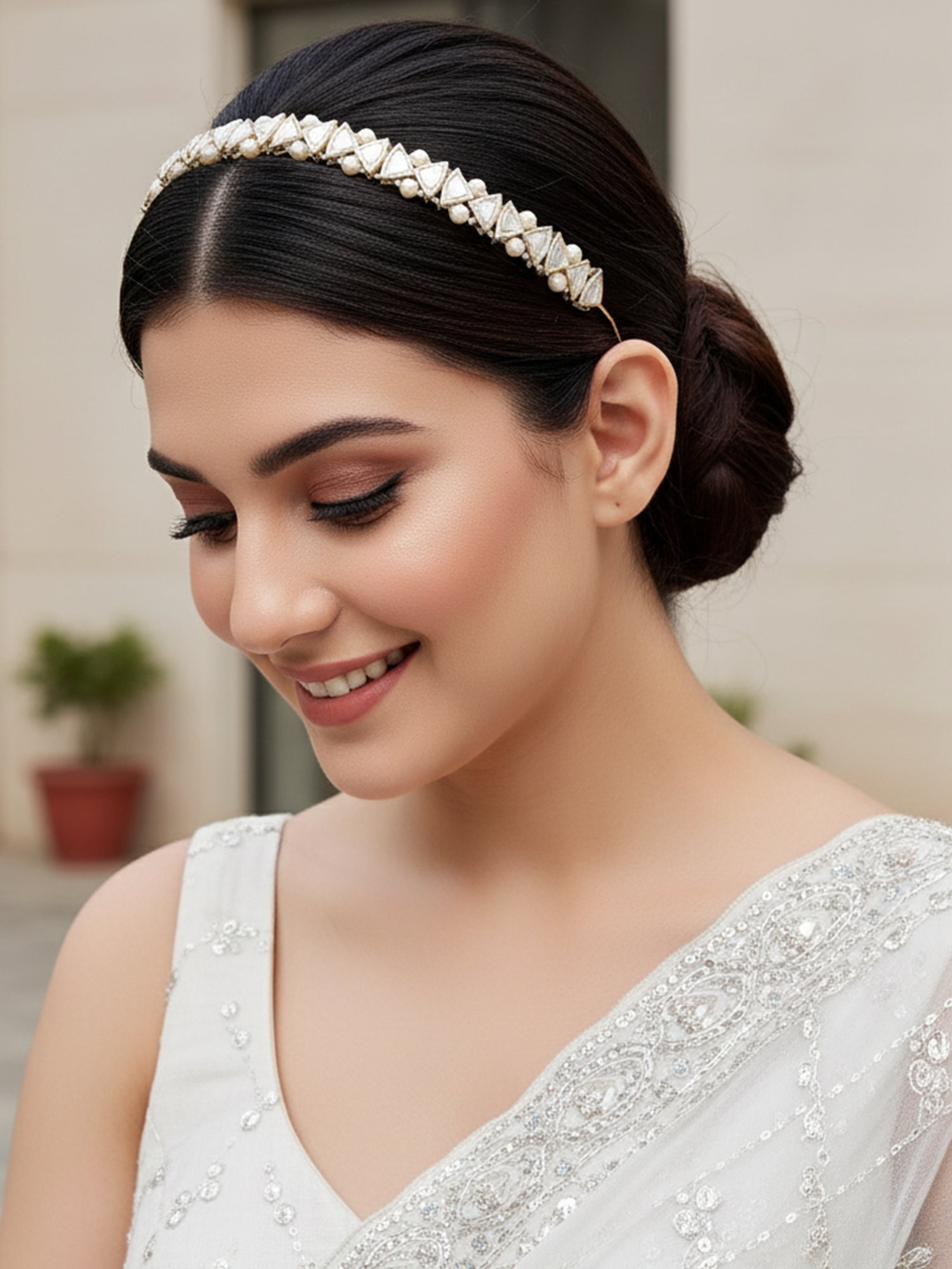 Traditional Gold Plated Pearl and Kundan Studded Hairband for Women