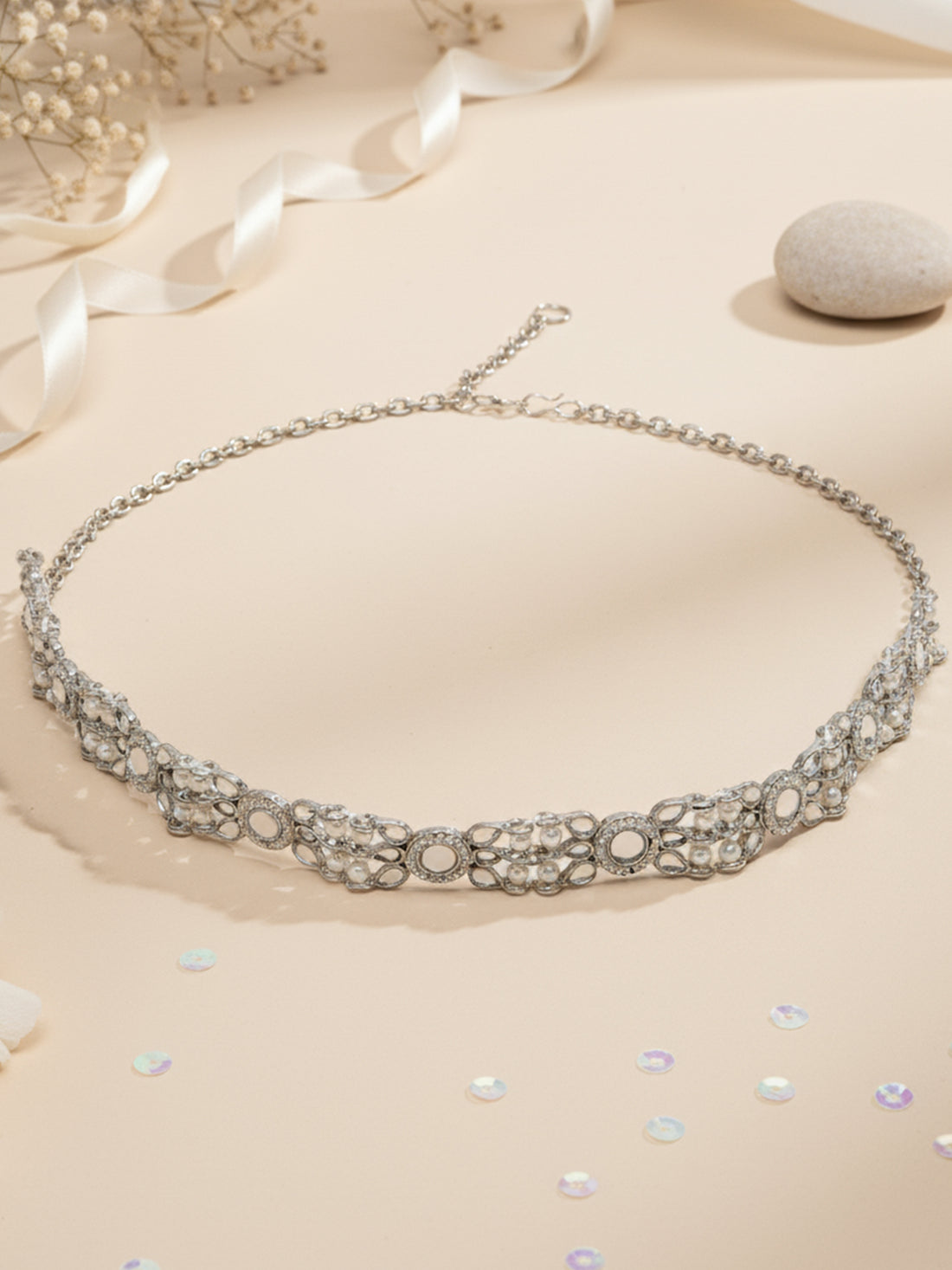 Karatcart Oxidised Silver Pearl Ball Studded Floral Kundan Hairband for Women