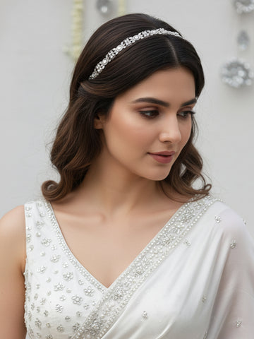 Karatcart Oxidised Silver Pearl Ball Studded Floral Kundan Hairband for Women