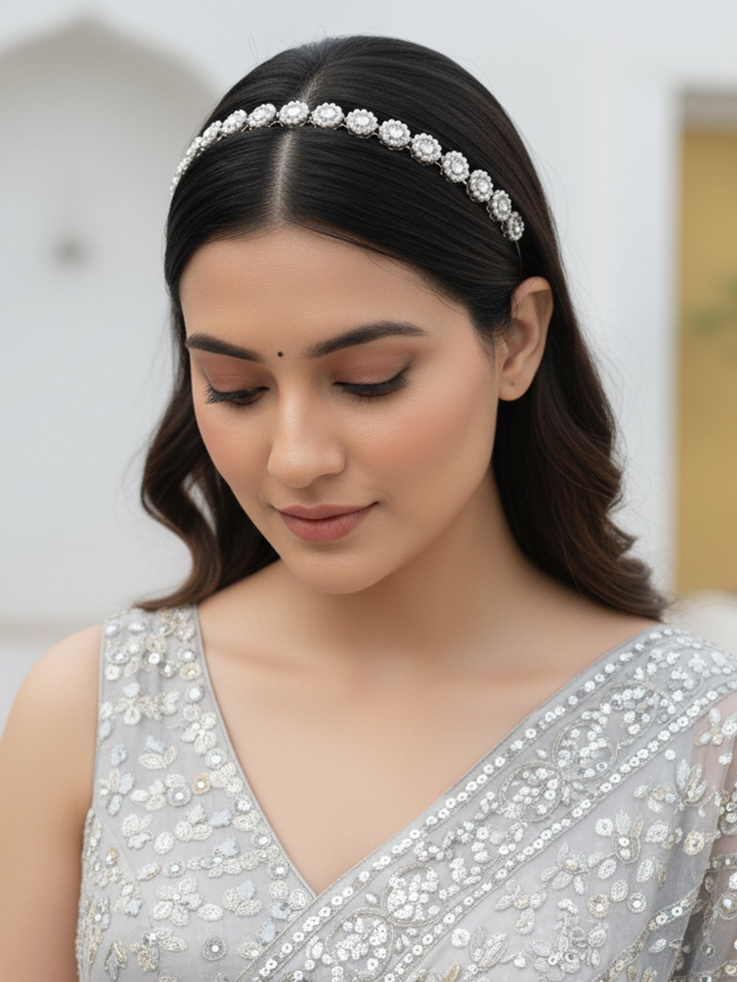 Karatcart Oxidised Silver Sunflower Pearl Ball Studded Kundan Hairband for Women