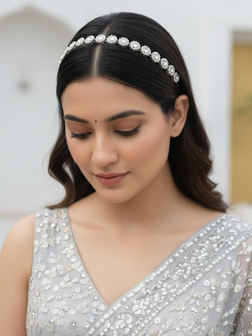 Karatcart Oxidised Silver Sunflower Pearl Ball Studded Kundan Hairband for Women